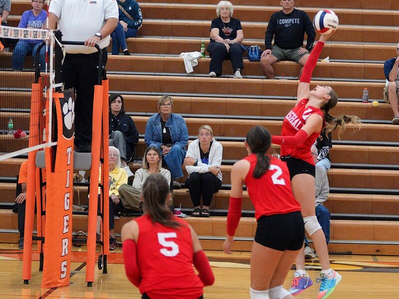 Libby Huisinga (11) reaches high to save the ball for Marshall against Westville