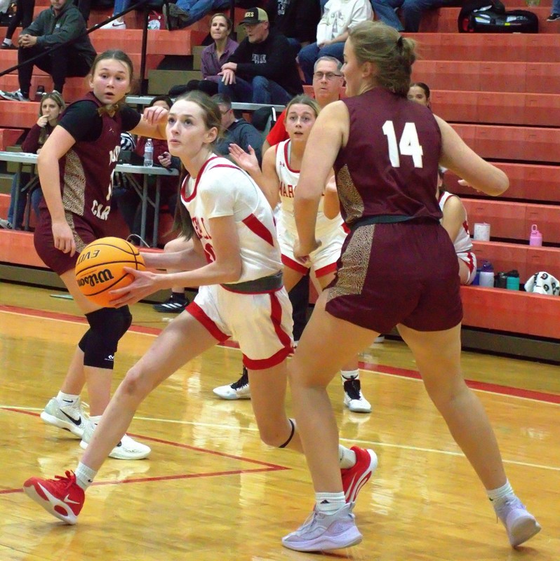 Macy Roberts goes to the baskett in the JV game