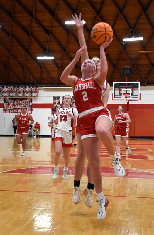 Lynn Welborn (2) goes in for 2 of her 25 points in Marshall's big win over Lawrenceville in the LIC Tournament