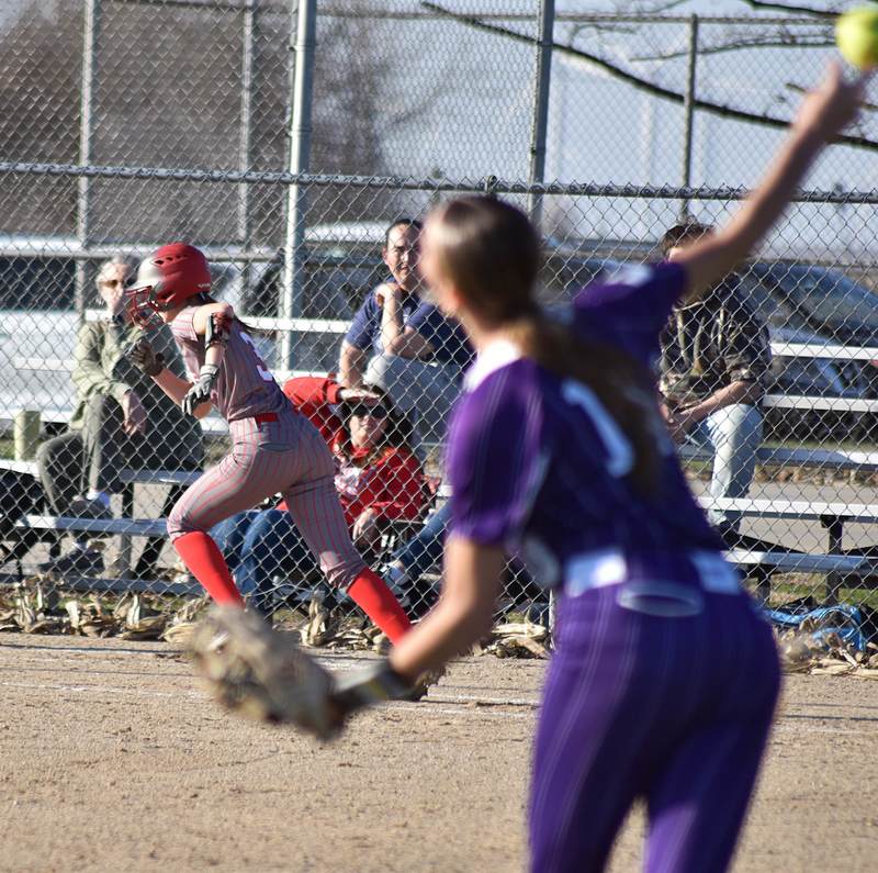 Marshall's Lauren English (3) races home with what turned out to be the swinning run against Oakwood-Schlarman