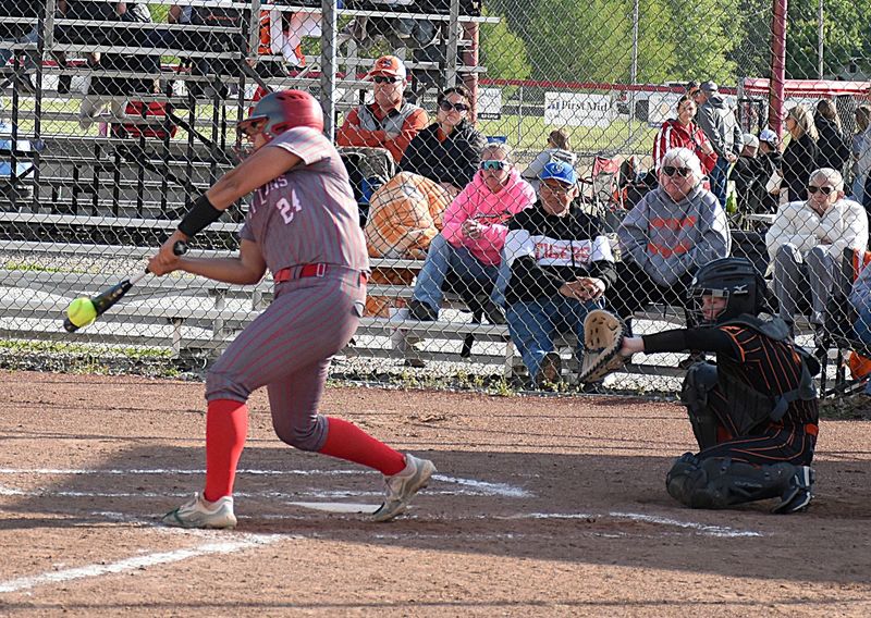 Ella Mattas hits a laser for a single for Marshall against Richland County