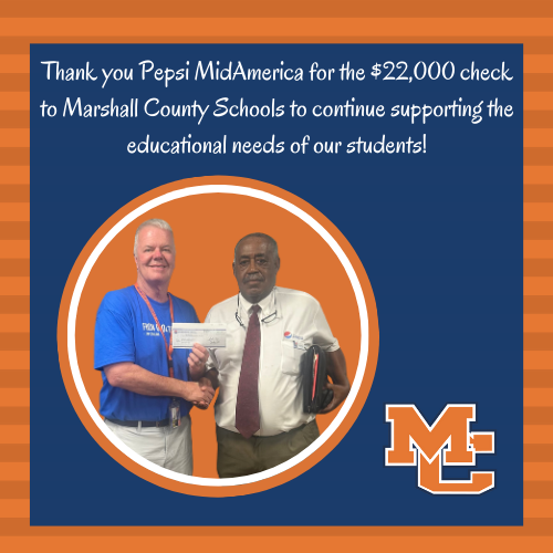 Graphic with picture of Mr. Thorpe and Pepsi rep. with $22,000 check
