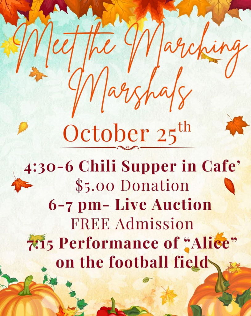 Details on Meet the Marching Marshals, including chili supper, live auction, and performance