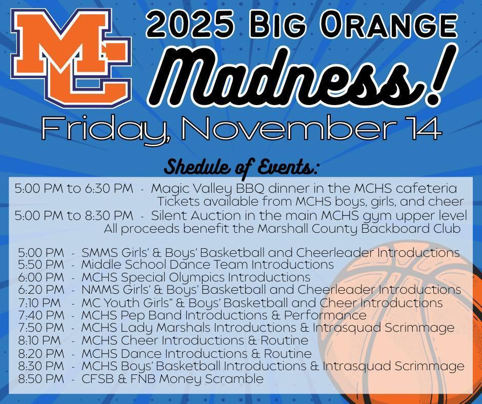 Big Orange Madness flyer with schedule of events