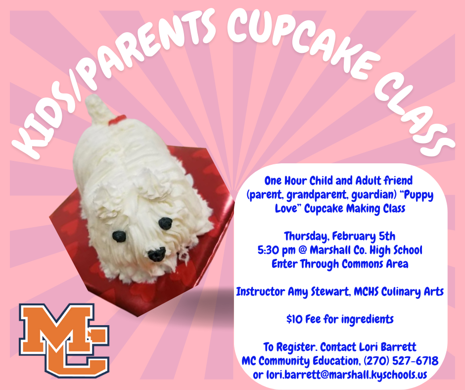 Graphic with info on cupcaking making class Feb. 5th
