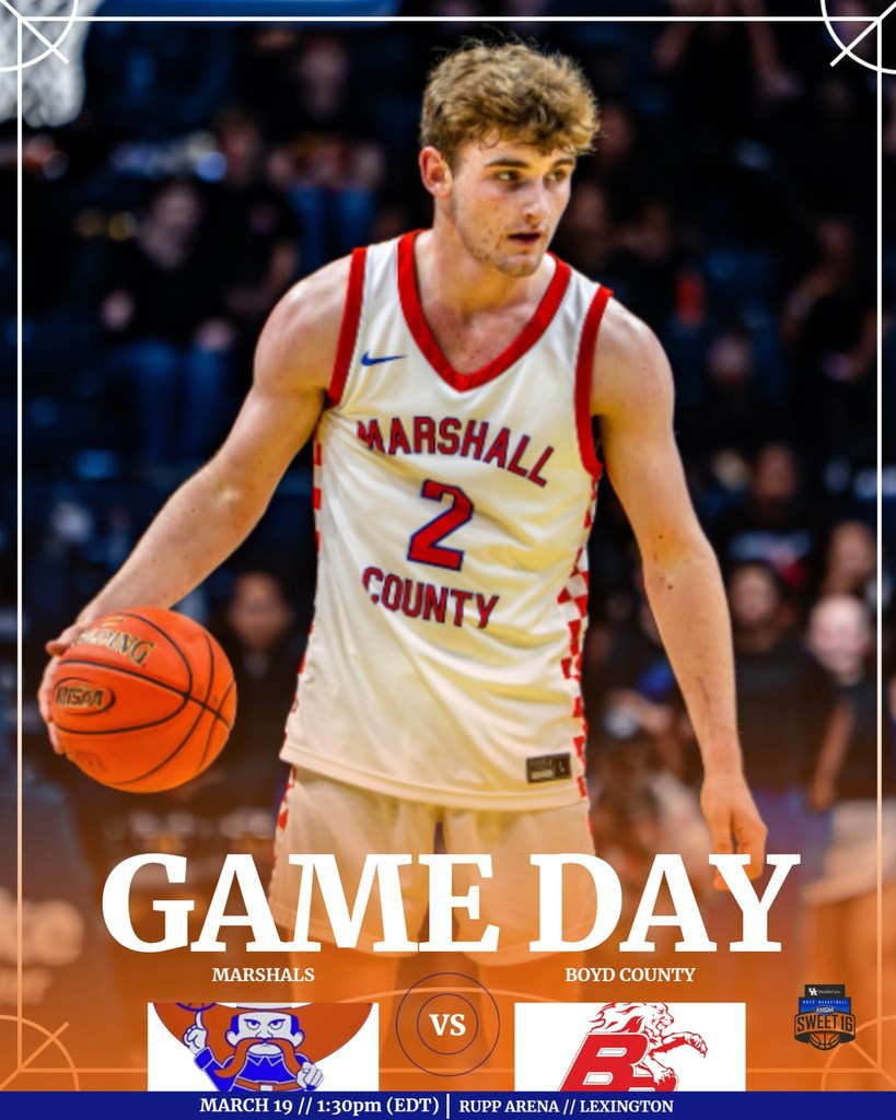 Graphic with game time and opponent for Marshals in boys state tournament