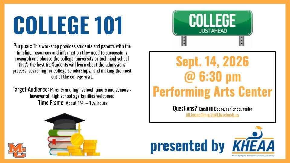 Graphic with details on College 101 workshop in Performing Arts Center Sept. 14
