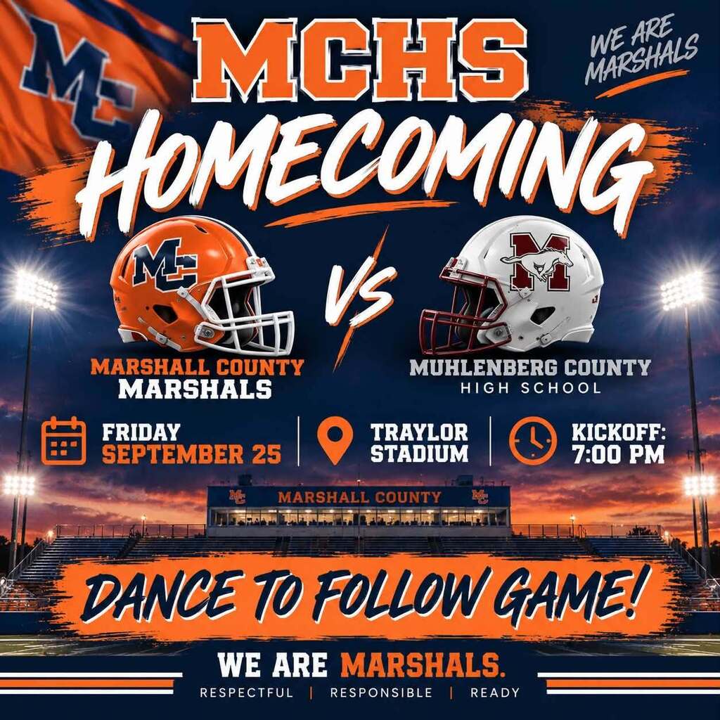 Graphic with details on MCHS homecoming football game. Opponent and time, with dance to follow