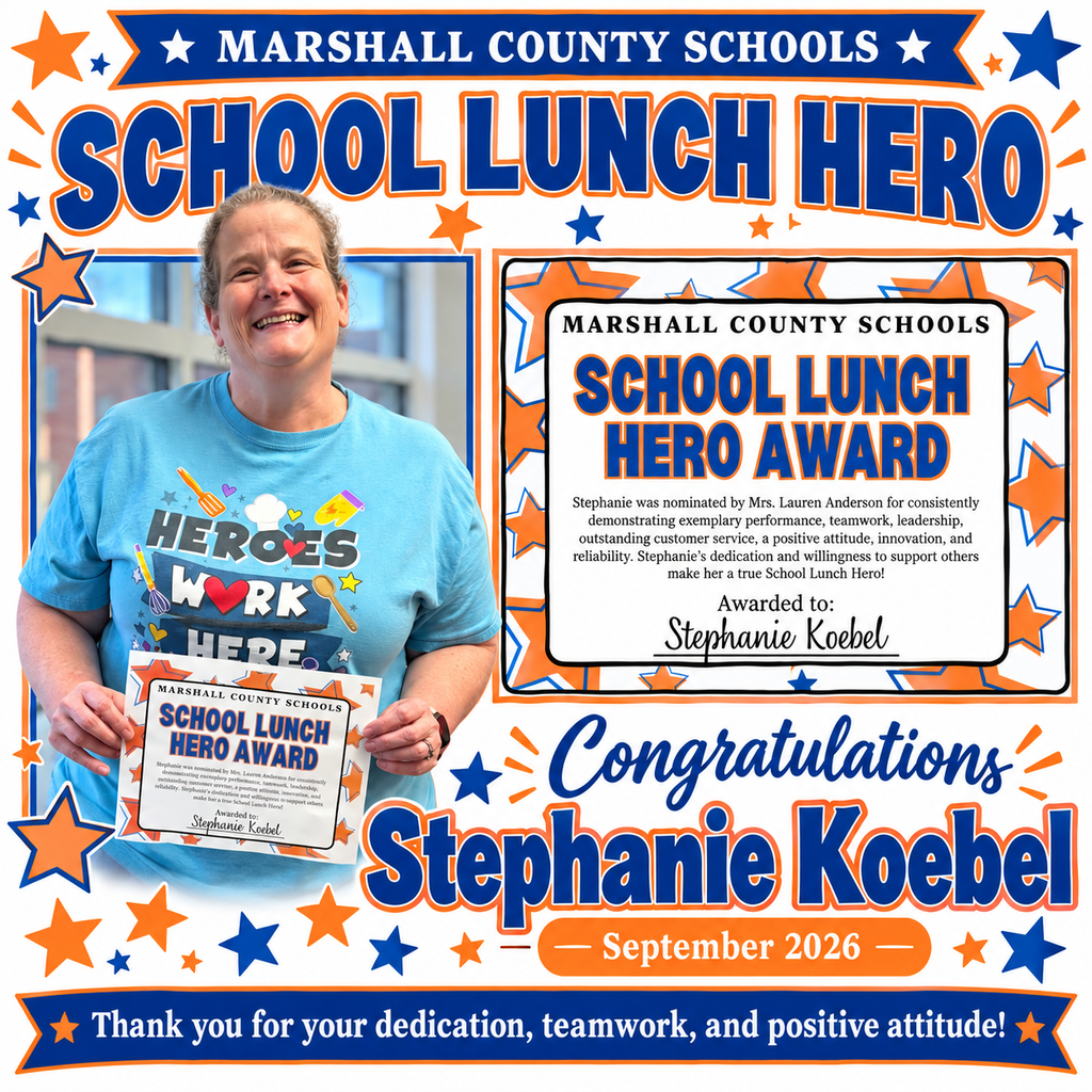 Graphic with photo of Stephanie Koebel, SMMS cook/baker on being named the Sept. School Lunch Hero