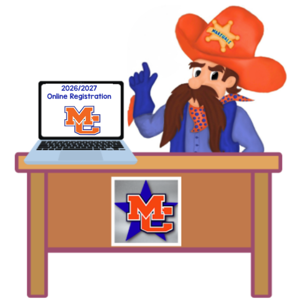 Graphic of Marshall Man with Online Regisration on computer