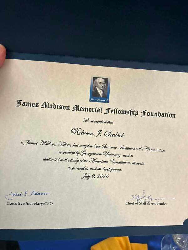 Certificate showing Rebecca Sealock at James Madison Fellow