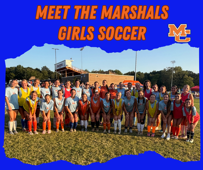 Graphic with photo of girls soccer team at Meet the Marshals