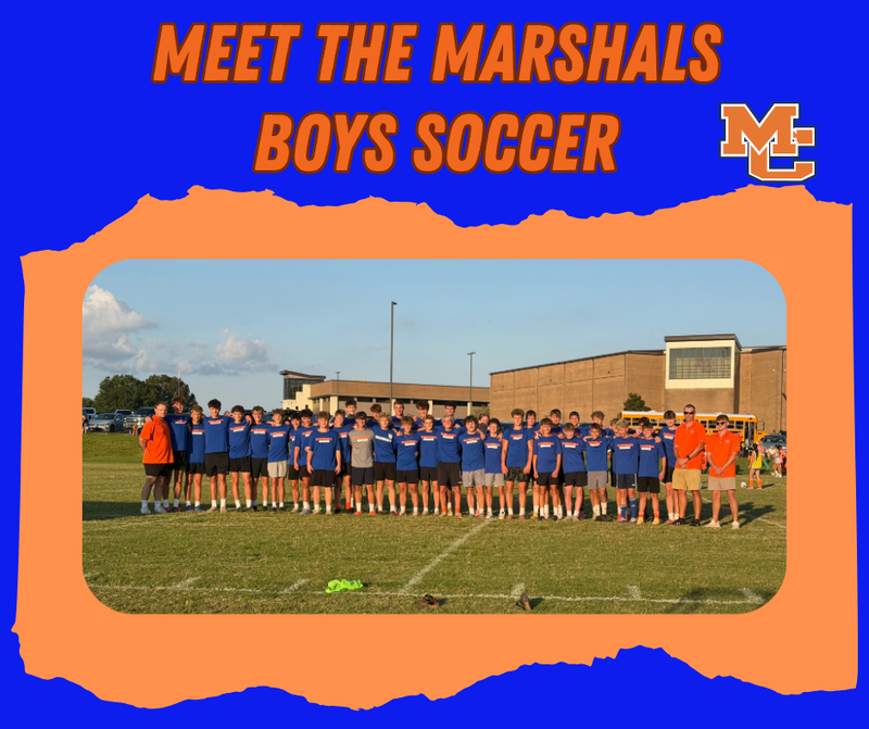 Graphic with photo of boys soccer team at Meet the Marshals