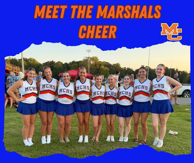 Graphic with photo of cheer squad at Meet the Marshals