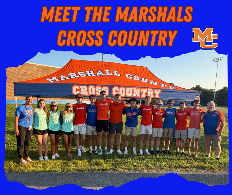 Graphic with photo of cross country team at Meet the Marshals