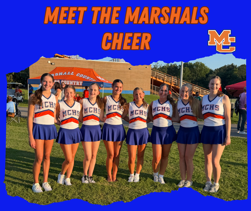 Graphic with photo of cheer squad at Meet the Marshals