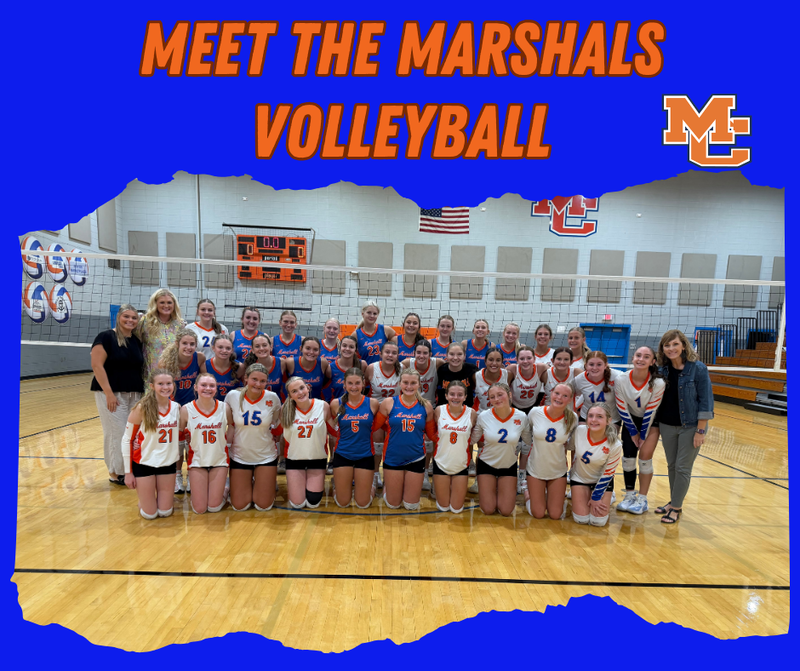 Graphic with photo of volleyball team at Meet the Marshals