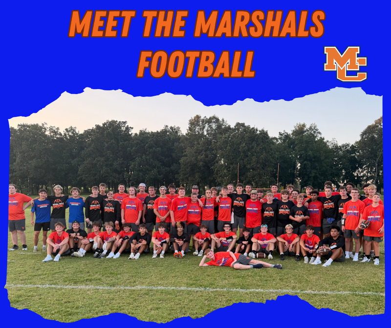 Graphic with photo of football team at Meet the Marshals