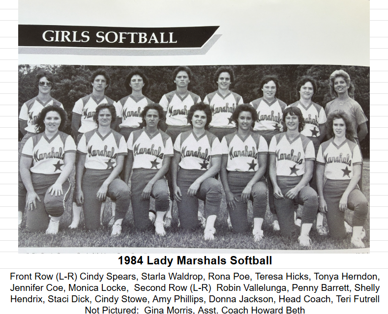 Photo of 1984 MC Girls Softball Team with names below
