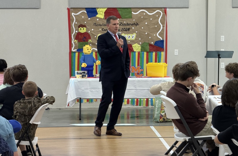 Guest speaker Trent Lovett addressing students at Marshlall Male Leadership Conference