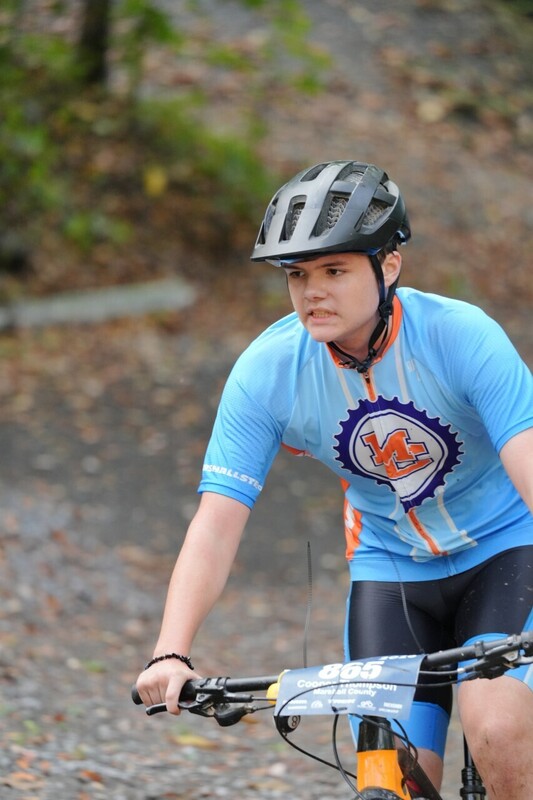 Mc Mountain bikers racing on trail