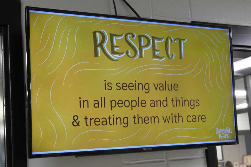"Respect" sign on monitor at JES