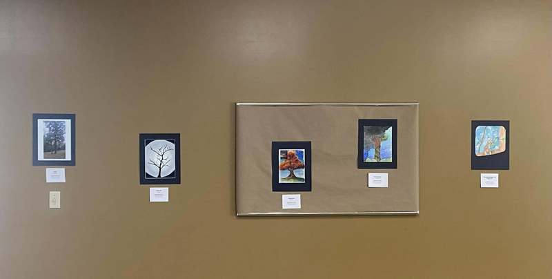 Several pieces of artwork on wall featuring trees