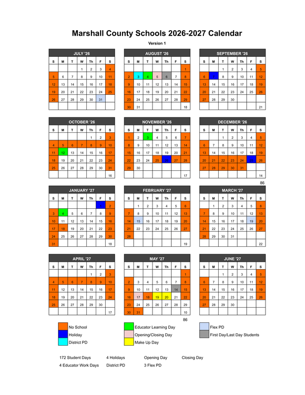 MC Schools Calendar for 2026-2027 school year
