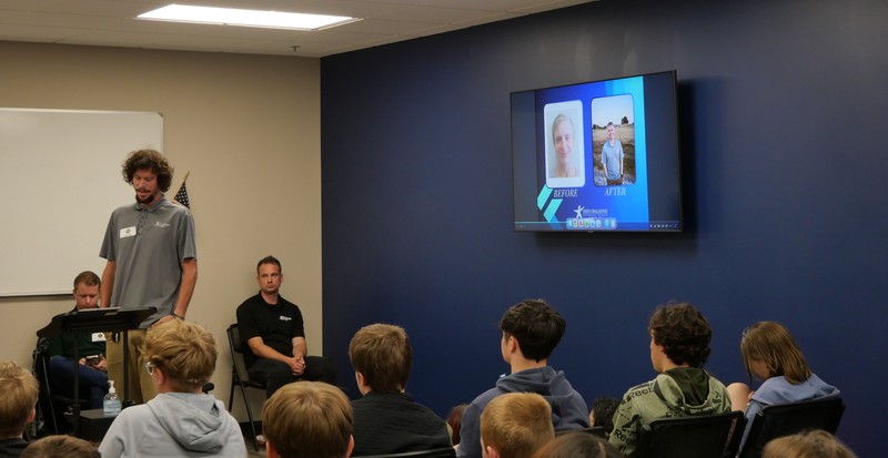 Teen Challenge Speaker talking to students during Truth or Consequences