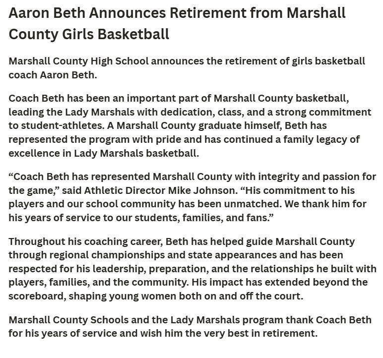 News Release announcing the retirement of MCHS girls basketball coach Aaron Beth