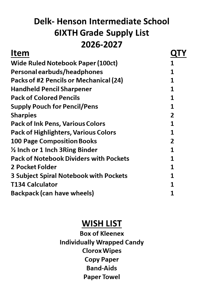 2026-2027 6th Grade Supply List