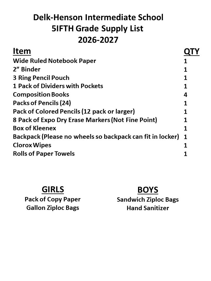 2026-2027  5th Grade Supply List