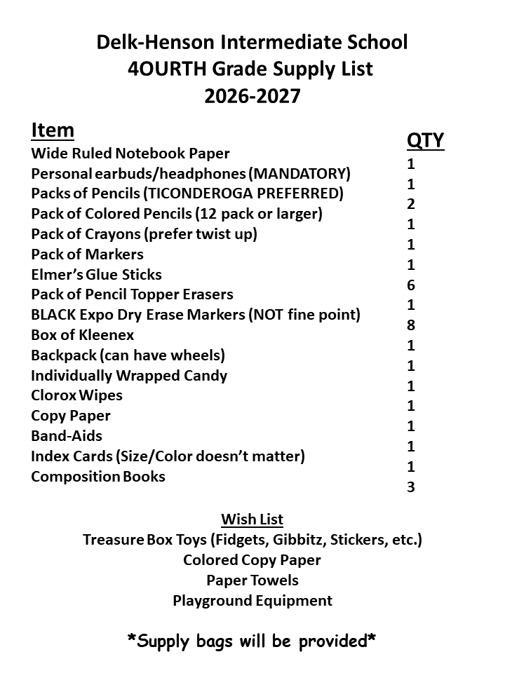 2026-2027  4th Grade Supply List