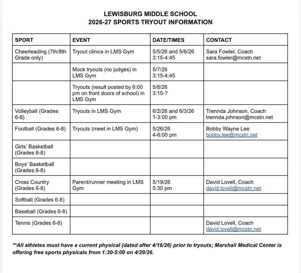 26-27 LMS Tryout Schedule
