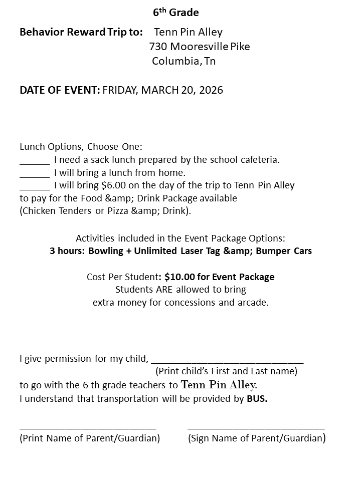 6th grade reward trip