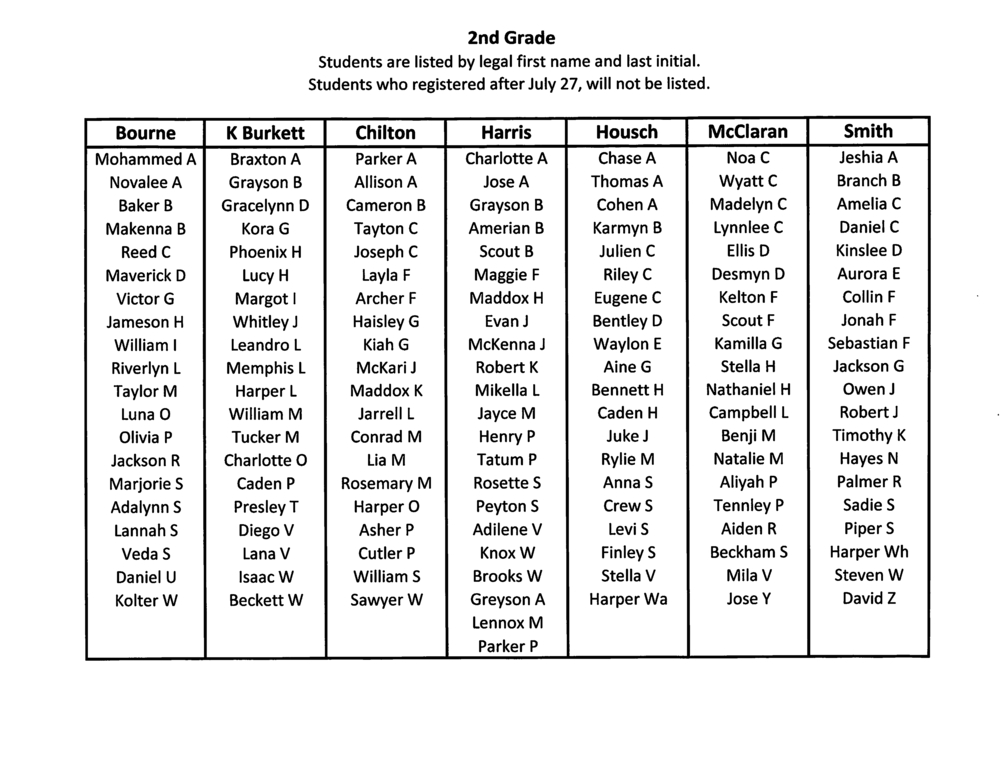 Second Grade Class List