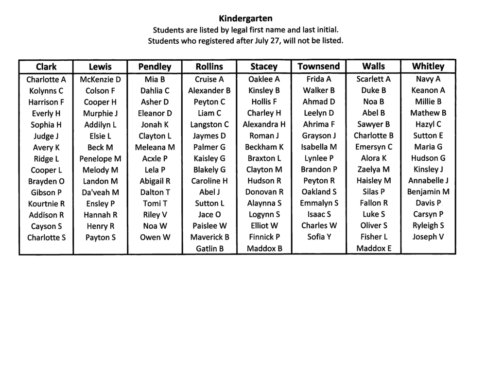 Kindergarten Class List 26 -27