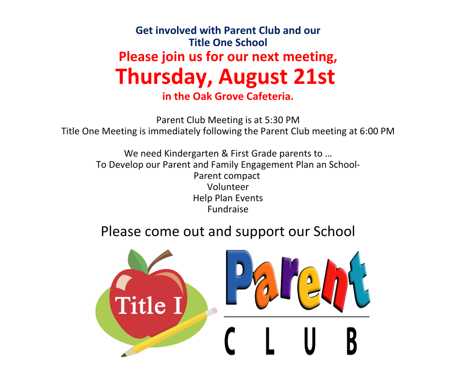 Title I meeting to follow the Parent Club meeting