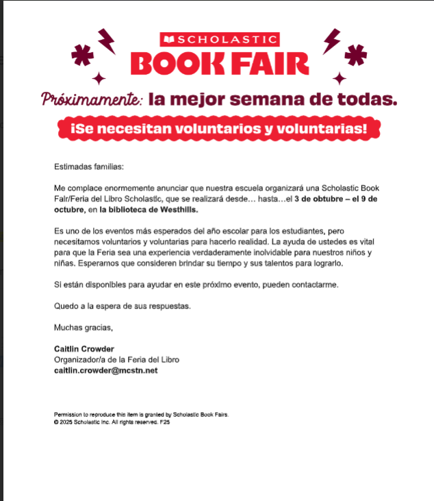 WES Book Fair Information Oct. 3-9