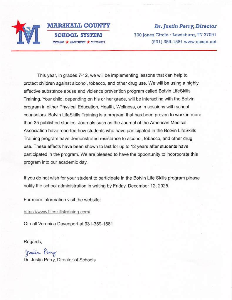 Botvin Parent Letter