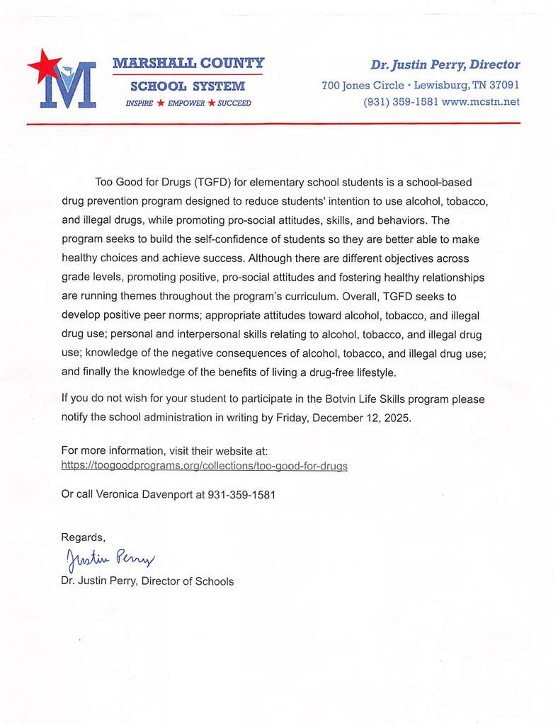 Too Good for Drugs Parent Letter