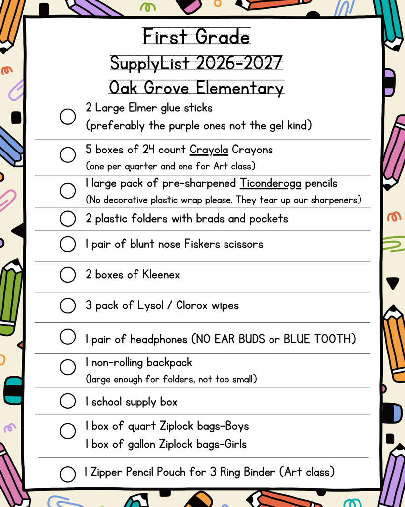First Grade Supply List 26-27