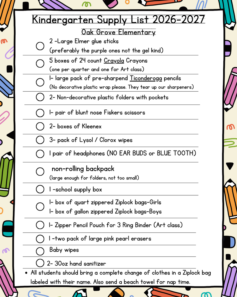 Kindergarten Supply List 26-27