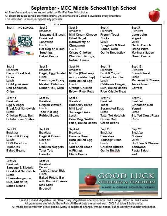 September Middle School High School Menu