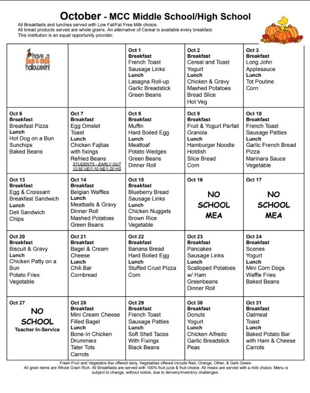 October Menu for Middle School/High School