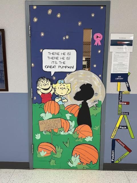 High School had a door decorating contest here are the winners of the Staff Decorated Doors: 1st place: Ms. Olson's "Teacher Graveyard", 2nd place: Mrs. Grandstrand's "The Great Pumpkin" , 3rd place: Mrs. Donarski's "rival of a Picasso" Congratulations!