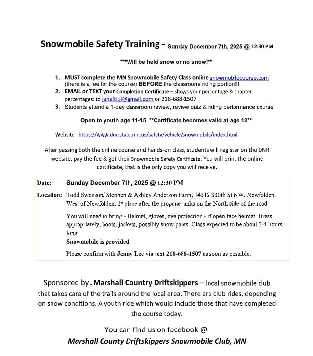 Snowmobile Safety Training - Sunday December 7th @ 12:30 p.m.  - please see attached flyer for more information 