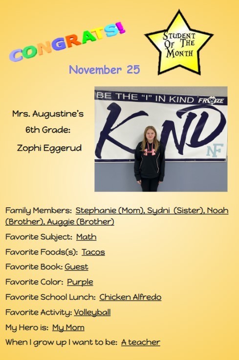 Congratulations to our November  Middle School Students of the Month!