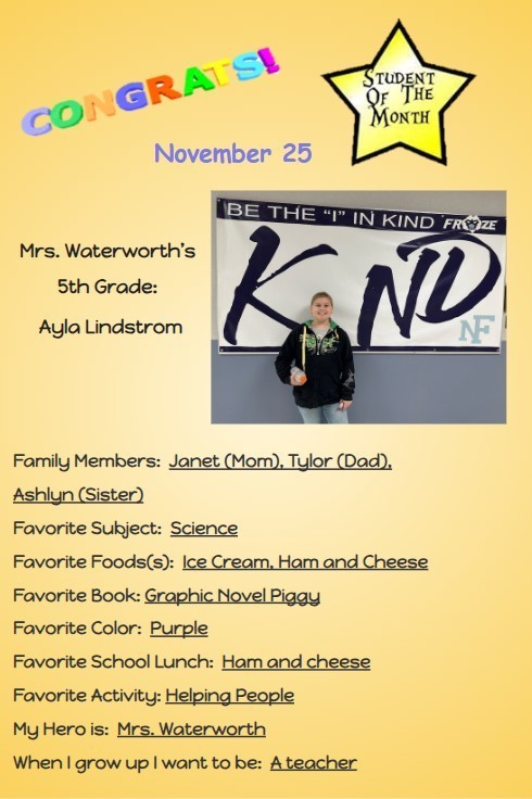 Congratulations to our November  Middle School Students of the Month!