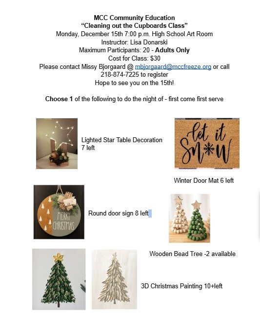 Come out on Monday, December 15th @ 7:00 p.m. to "Cleaning out the Cupboards Class" in Mrs. Donarski's Art room at the HIgh School!! You can make a payment via School Pay or pay the night of. 